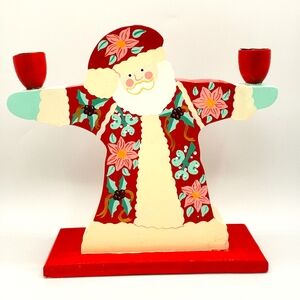 Hand Painted Folk Art Wooden Santa Candle Holder Vintage Christmas Decor Pier 1.